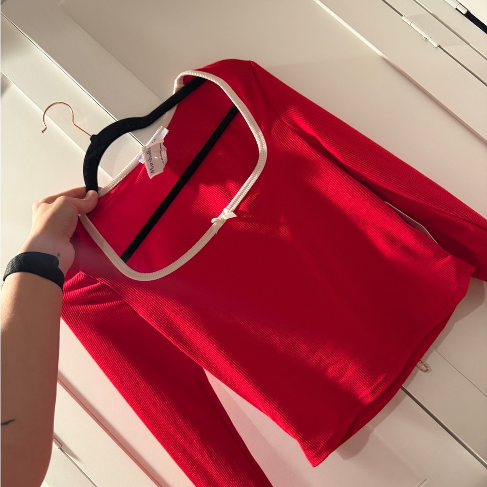 gaze Red Ribbed Long-Sleeve Top with Cream Trim